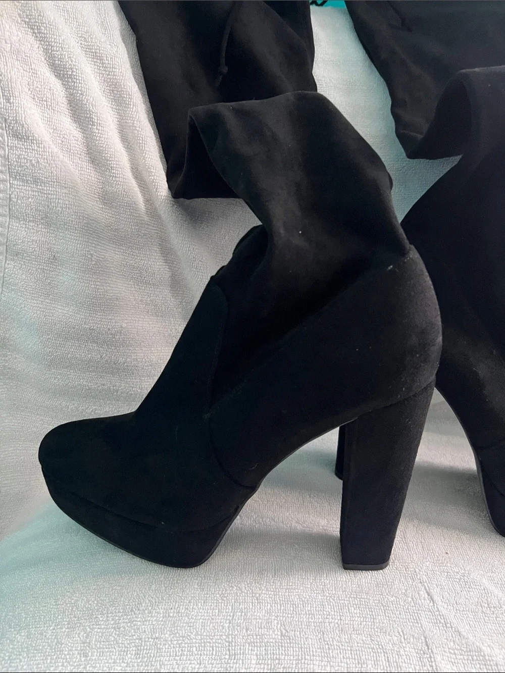 Shoe Dazzle Black Suede Over-the-Knee Heeled Boots with Tie Size 10